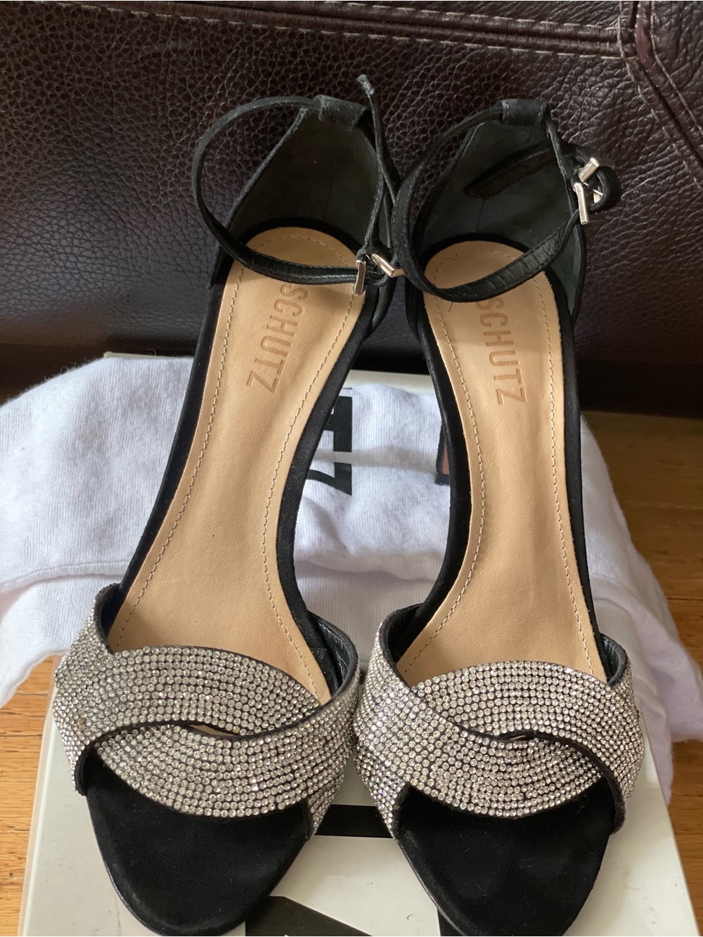 SCHUTZ Black Ankle-Strap Heels with Crystal-Embellished Toe